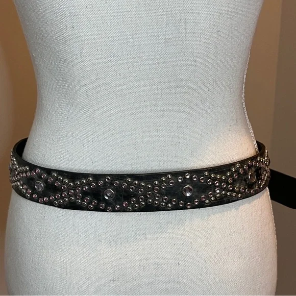 Leather Pink Clear Studded Dark Gray Ladies Fashion Belt Brass Buckle Size M/36" - Picture 3 of 9